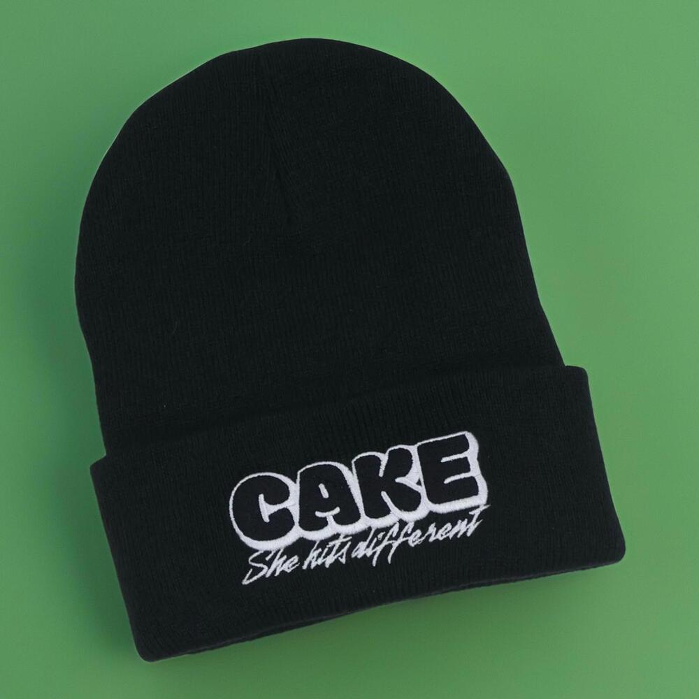 Cake She Hits Different Cannabis Company Beanie Weed Industry Black Graffiti